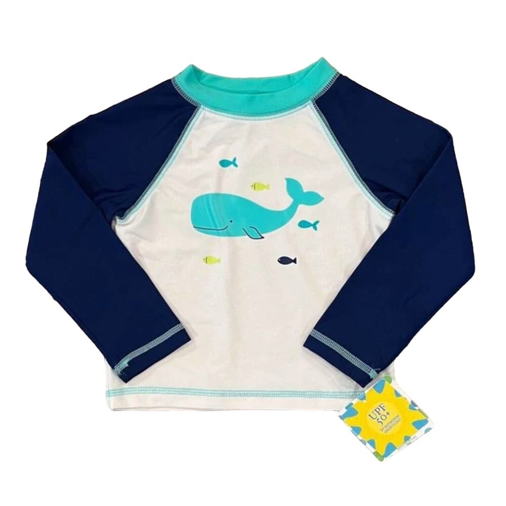 NWT Little Me White & Navy W/Turquoise Whale Graphic Swim/Rashguard